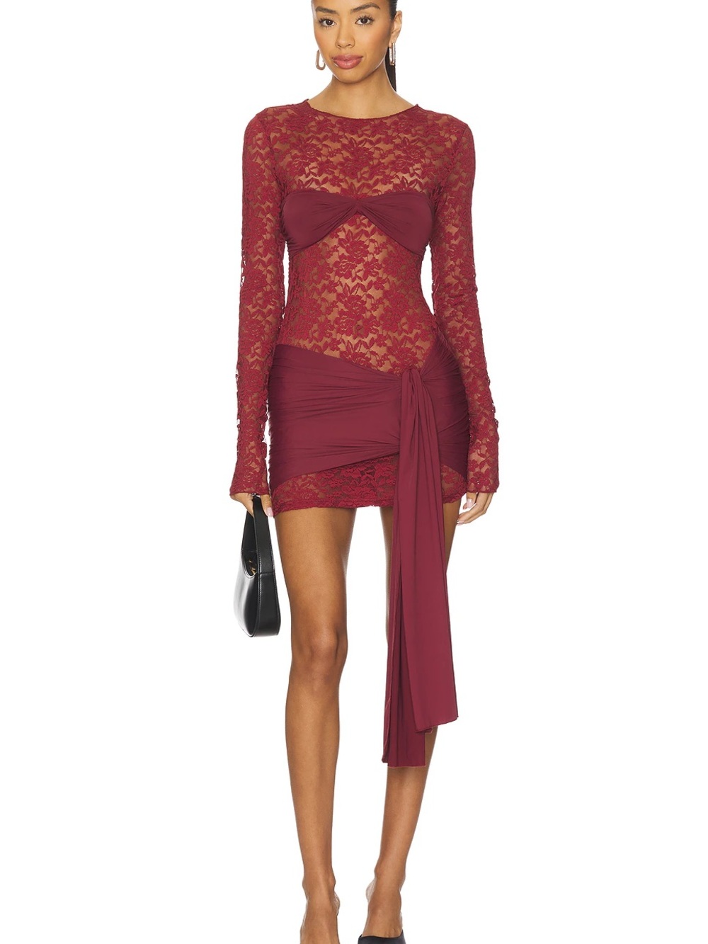 Lioness Burgundy Lace Long-Sleeve Mini Dress with Side Drape